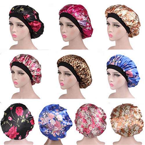 Tvoip 1Pcs Hair Satin Bonnet For Sleeping Shower Cap Silk Bonnet Bonnet Femme Women Night Sleep Cap Head Cover Wide Elastic Band (Black Flower)