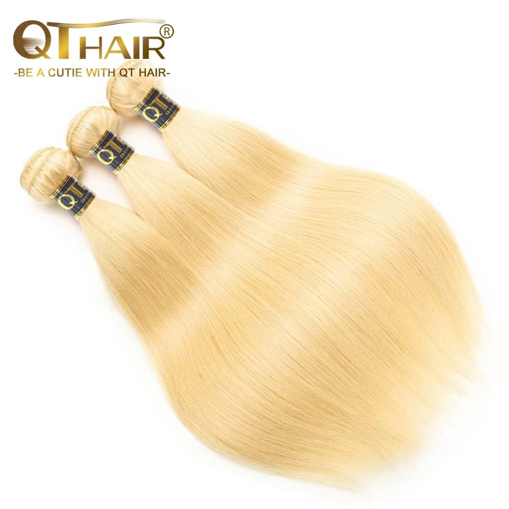 QTHAIR Human Hair Blonde Bundles 14A Grade 100% Brazilian Human Hair Color #613 Platinum Blonde Straight 26" Light Blonde Color Bundles 613 Color Straight Human hair Extensions 100g/Bundle