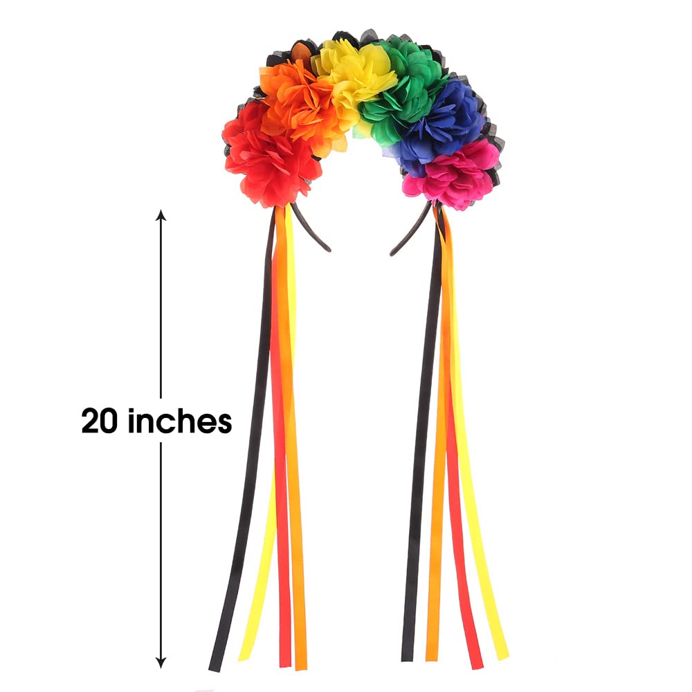 Bubbmi Mexican Flower Crown Headband with Ribbon, Day of the Dead Headwear, Dia De Los Muertos Headpiece, Halloween Easter Flower Headband(Mexican C)