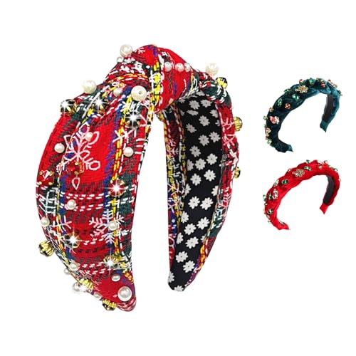 Yoolhamy Christmas Headband for Women Braided Crystal Jeweled Hair Band Xmas Plaid Top Knotted Rhinestone Headbands