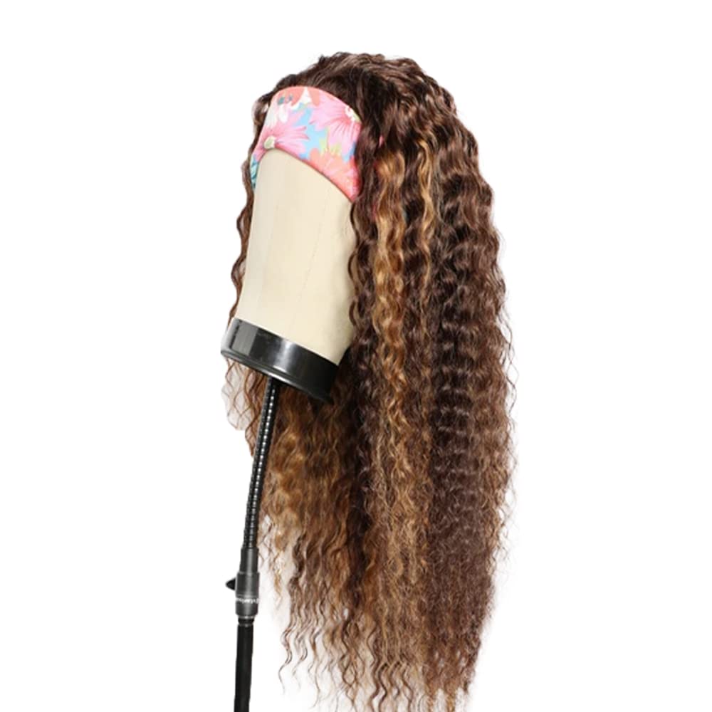 YiweYowe 30 Inch Ombre Blonde Headband Wig Human Hair P4/27 Highlight Honey Blonde Curly Wave Wig None Lace Wig Grade 8A Brazilian Remy Hair 150% Density Full Head Machine Made Half Wigs