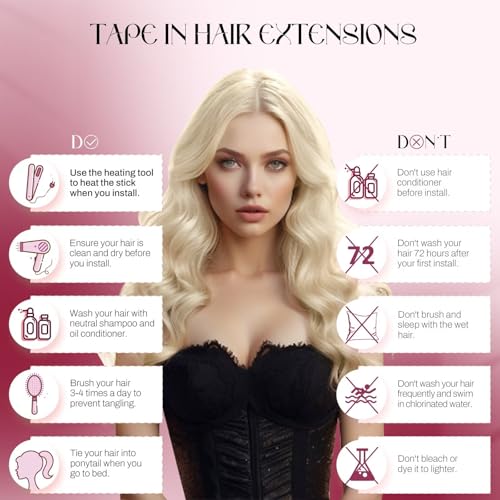 Vivien Tape in Hair Extensions Human Hair 22 Inch Blonde Human Hair Tape in Extensions Bleach Blonde #613 Tape in Hair Extensions Real Human Hair Double Sided Tape for Skin Weft 20pcs 50g