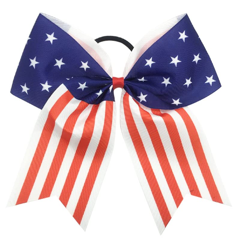 Patriotic Flag Cheer Ponytail Holder Girls Cheerleader Bowknot Hair Bow Tie JHN10 (-2 Pcs Set-)