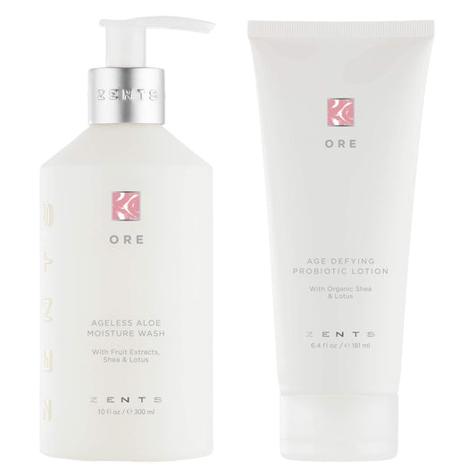 Zents Body Wash and Lotion Set, Ageless Aloe Moisture Body and Hand Wash, Age Defying Probiotic Body and Hand Lotion, Cleanse, Moisturize and Nourish Dry Skin, A Powerful Skin Healing Duo (Ore)