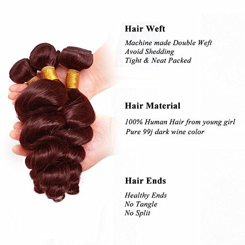 99J Burgundy Loose Deep Wave Human Hair Wefts 3 Bundles With 4x4 Lace Closure Brazilian Hair Extentions Red Wine Color Free Part 4x4 Hand tied Lace Closure (10"12"14"+10"closure, Burgundy/99J)