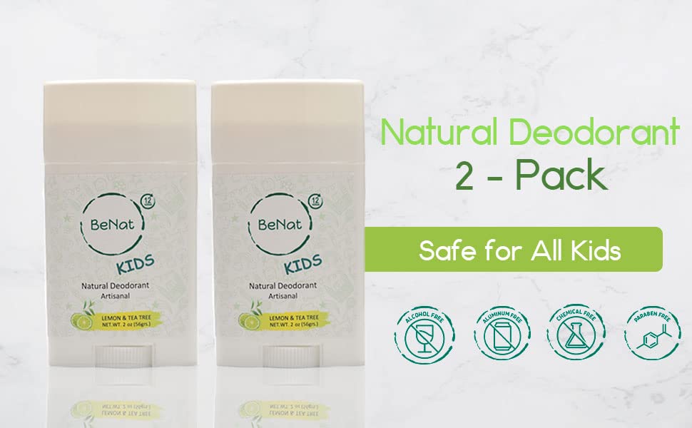 BeNat 2-Pack All Natural Deodorant For Kids and Teens 100% Natural Aluminum-Free Carcinogen Free Kids Deodorant For Boys and Girls Clinically Proven To Be Safe For Children and Teenagers