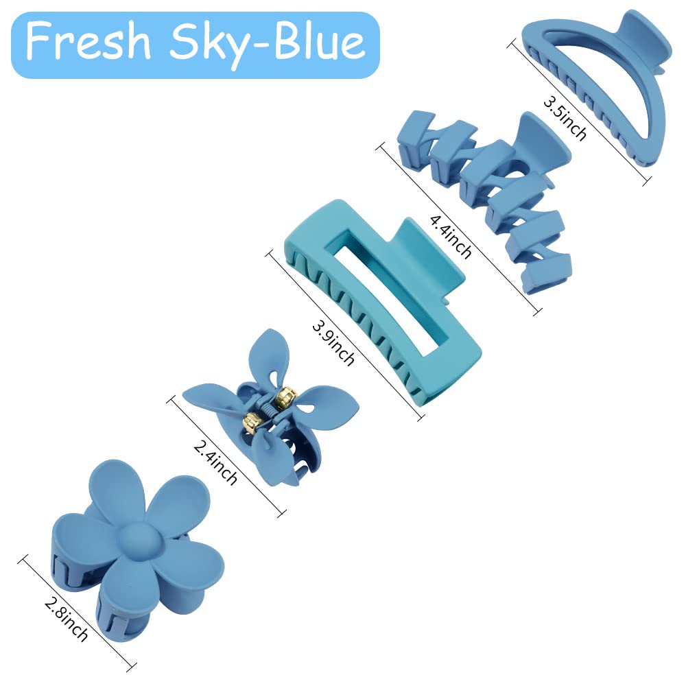 Ahoney 5 Pack Large Claw Clips for Thick Hair Blue Matte Hair Clips 3.4-4.3 Inch French Jaw Clips for Hair Big Butterfly Flower Banana Clips Hair Accessories for Women Hair Styling(Blue)