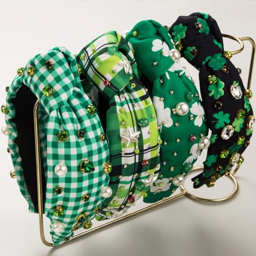 SHESRA St. Patrick Hair Bands Floral Fabric Pearls Glass Rhinestones Headband Women's Saint Patrick's Party Hair Hoop Accessories Headwear Jewelry Gifts 50(Green White)