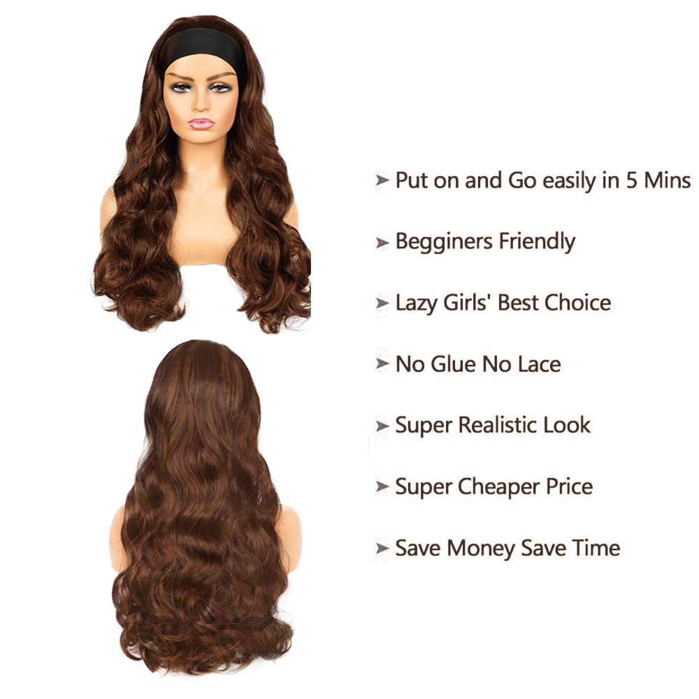 YiweYowe #4 Chocolate Brown Body Wave Headband Wig Human Hair 30 Inch #4 Brown Color 150% Density Glueless None Lace Front Wig Brazilian Virgin Hair Wear and Go Wigs for Black Women