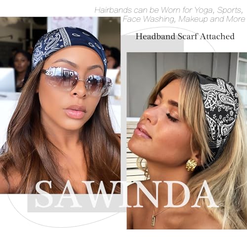 SAWINDA Wide Boho Headbands for Women Floral Print Twist Knot Elastic Non-Slip Womens Head Bands African Style Daily Life Yoga Sports Hair Wraps 4 Pack