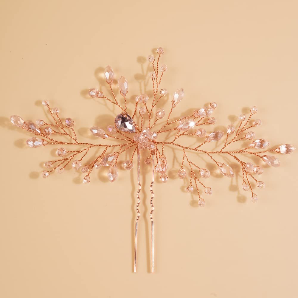 Teyglen Bridal Rhinestones Hair Pins Flower Crystals Wedding Hair Pins Set for Bride Hair Accessories Pink Black Purple Blue Rhinestones Hair Pieces for Women Girls(Rose gold)