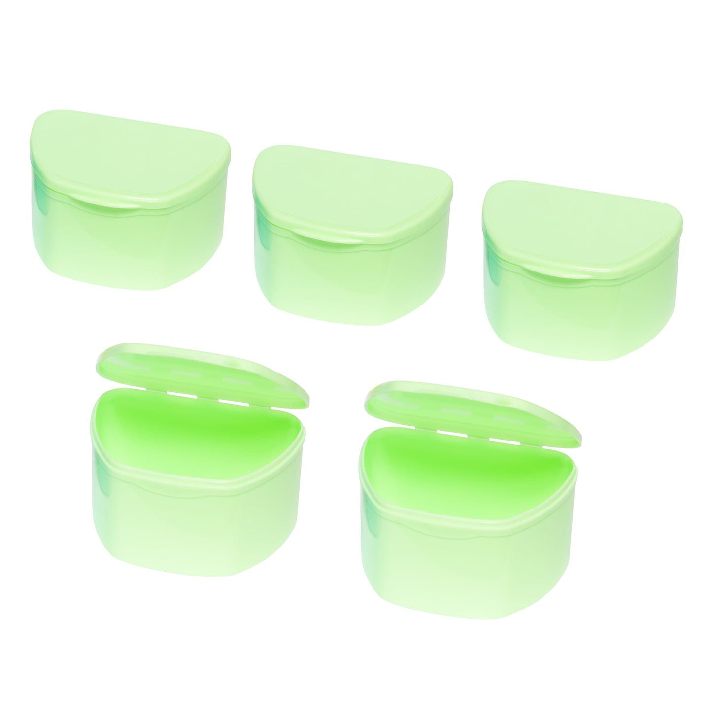 PlastCare USA Green Denture Cases Pack of 5 - Dental Box For Artificial Teeth, Mouth Guard, Night Guard, Gum Shields, Retainer - Denture Bath Container for Women and Men - Travel Denture Cup