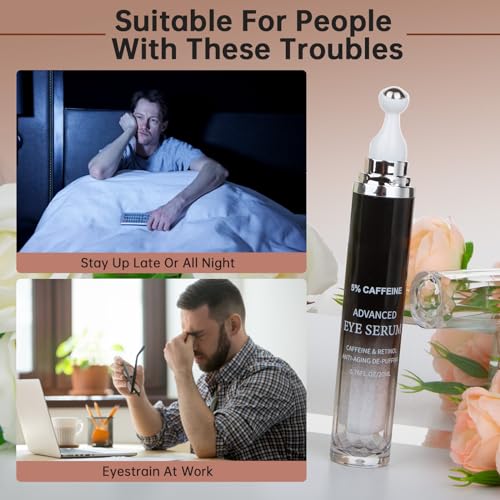 Caffeine Eye Cream for Puffiness & Dark Circles, Under Eye Cream for Puffy Eyes, Eye Bags & Wrinkles, 1 PCS Anti Aging Eye Serum with Under Eye Roller, Reduces Fine Lines & Moisturize Skin.