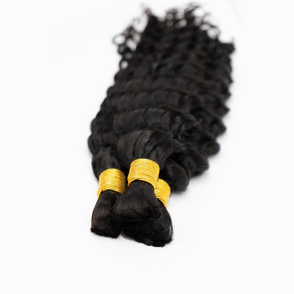 TIJRLGVBN Boho Knotless Braids Human Hair Micro Braids Extension Hair Deep Curly Human Bulk Hair 16 Inch 1pack (3bundles(300g) Natural Black Color