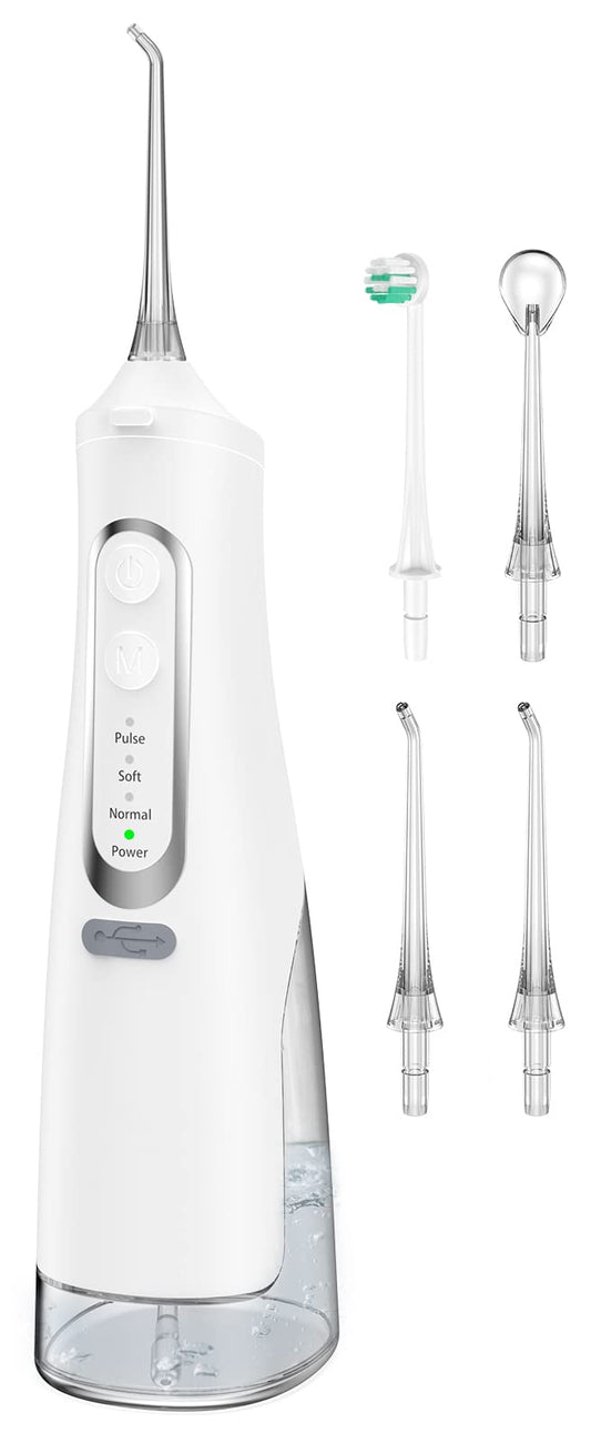 Water Flosser for Teeth Cleaning 4 Modes Rechargeable Oral Irrigator 4 Tips Powerful Battery Life Water Dental Picks IPX7 Waterproof 310ML Water Tank (White)