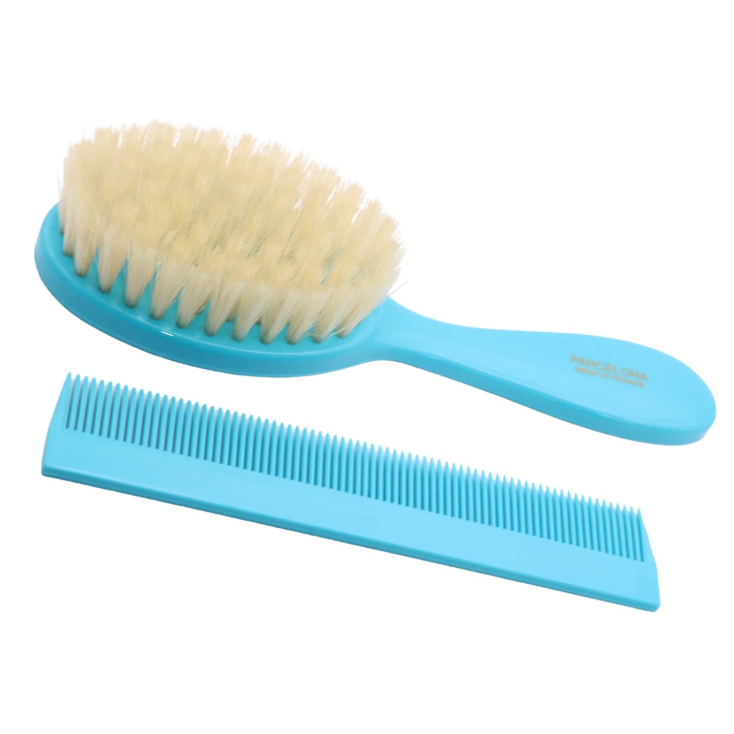 Parcelona French Grooming Combo White Blue and Brown 6” Celluloid Soft Natural Silk Bristles Baby Brush and Comb for Girls and Toddlers (Turquoise Blue)