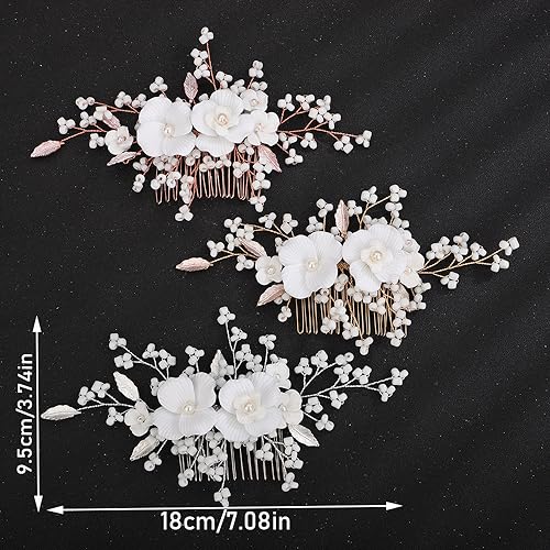Teyglen Flower Bride Wedding Hair Comb Bridal Leaf Pearl Beads Hair Piece Bridal Gold Silver Flower Headpiece Floral Hair Accessories for Women Flower Girls (Gold)