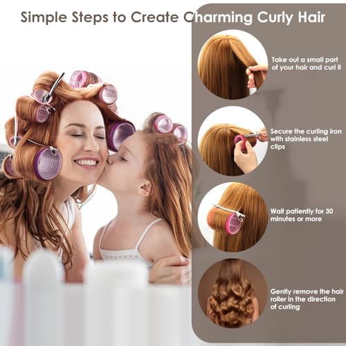 WALLFID Hair Roller Set 37 Pcs, Includes 18 Velcro Curling Irons, 2 Volumizing Clips, 12 Clips, 1 Rat Tail Comb, 1 Spray Bottle & 3 Rubber Bands, for Medium to Long Short Hair, No Heat