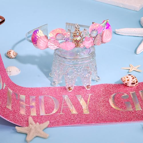 YARIEW Mermaid Crown and Birthday Sash Mermaid Birthday Decorations Mermaid Birthday Party Decorations Birthday Sash for Women Birthday Crown Tiara for Women Halloween Costume Gifts