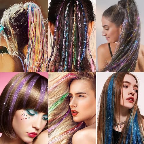 SOYZMYX 12PCS Tinsel Hair Extensions Glitter Hair Extension Clip in Gold Sparkling Fairy Hair Tinsel Kit Shiny Highlights Colorful Heat Resistant Hair Accessories for Girls New Year Party(Blue+Purple)