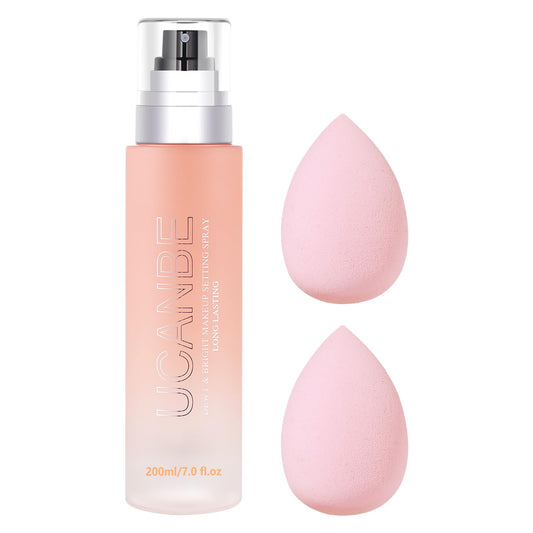 UCANBEMAKEUP Dewy Makeup Setting Spray Kit-7 Fl oz Hydrating Illuminating Finishing Spray Lightweight Face Mist All Day Long Make up Fixer +2PCS Sponge Puff, Hydrate Skin for a Bright Look