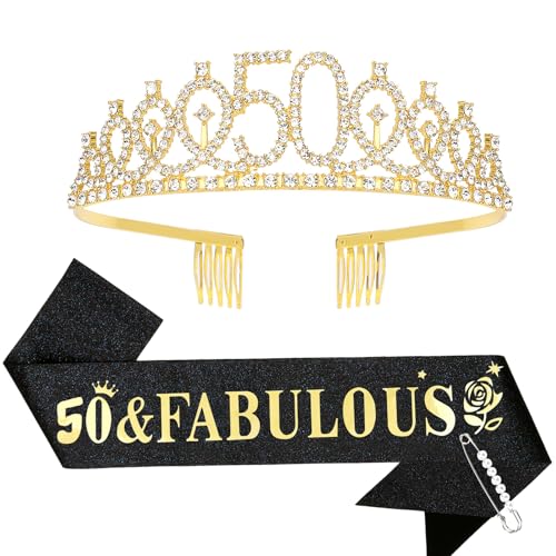 Purple 50th Birthday Sash and Tiara for Women, 50th Birthday Decorations Women, 50th Birthday Sash and Crown Set, 50th Birthday Gifts for Women, Happy 50th Birthday Party Supplies
