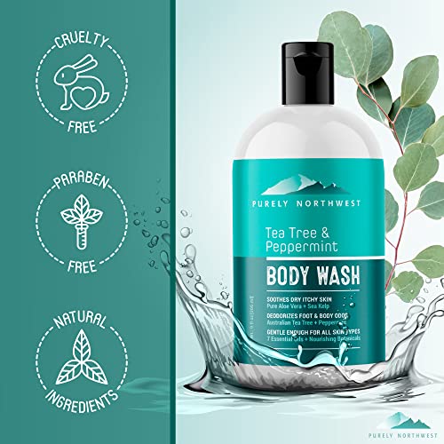 Purely Northwest-Natural Tea Tree & Peppermint Scalp & Body Wash-Men & Women-Soothes & Refreshes: Odor, Acne, Jock Itch, Irritated Itchy Scalp-(Can be used with a Silicone Body Scrubber) 9oz