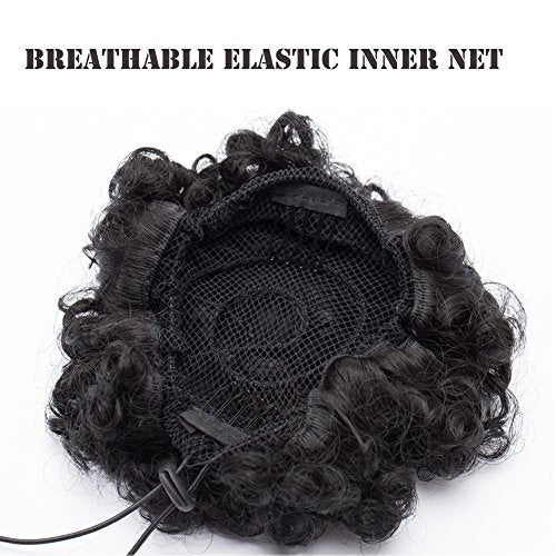 Benehair Messy Bun Hair Piece Afro Puff Drawstring Updo Kinky Curly Scrunchy Hair Bun Ponytail Puff Chignon Extensions Thick Fluffy Hairpiece with 2 Clips for Black Women Dark Black Medium Size