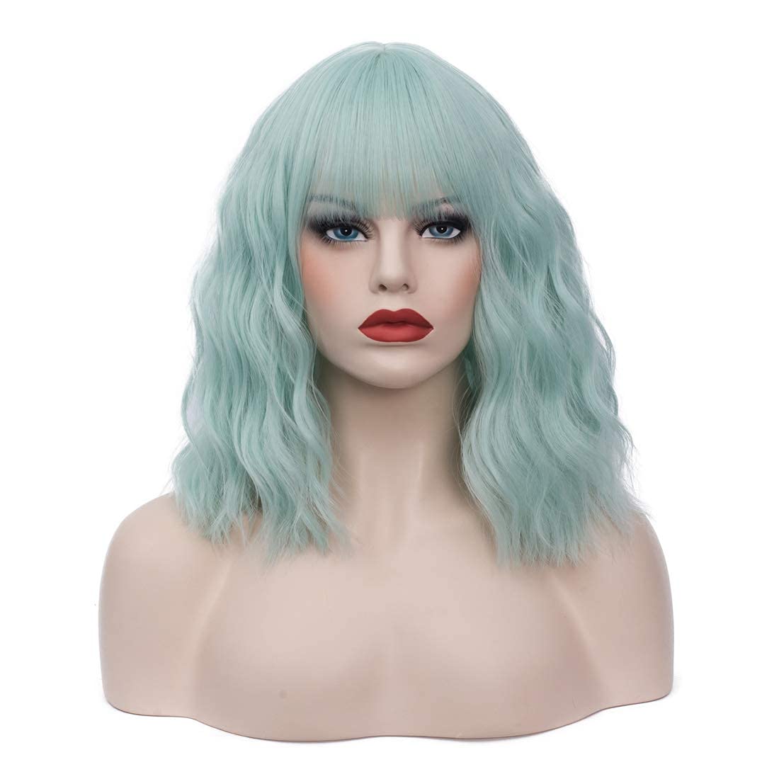 WGPFWIG Women's Mint Green Wig Short Curly Wavy Wig Shoulder Length Flat Bangs Wig For Women Girl Cosplay Party Halloween Wig Cap Included (Mint Green-20)