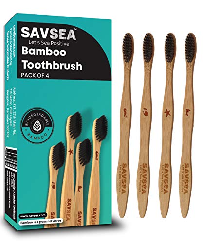 SAVSEA Charcoal Bamboo Toothbrush for Adults with Soft Medium Bristles (4Toothbrushes)