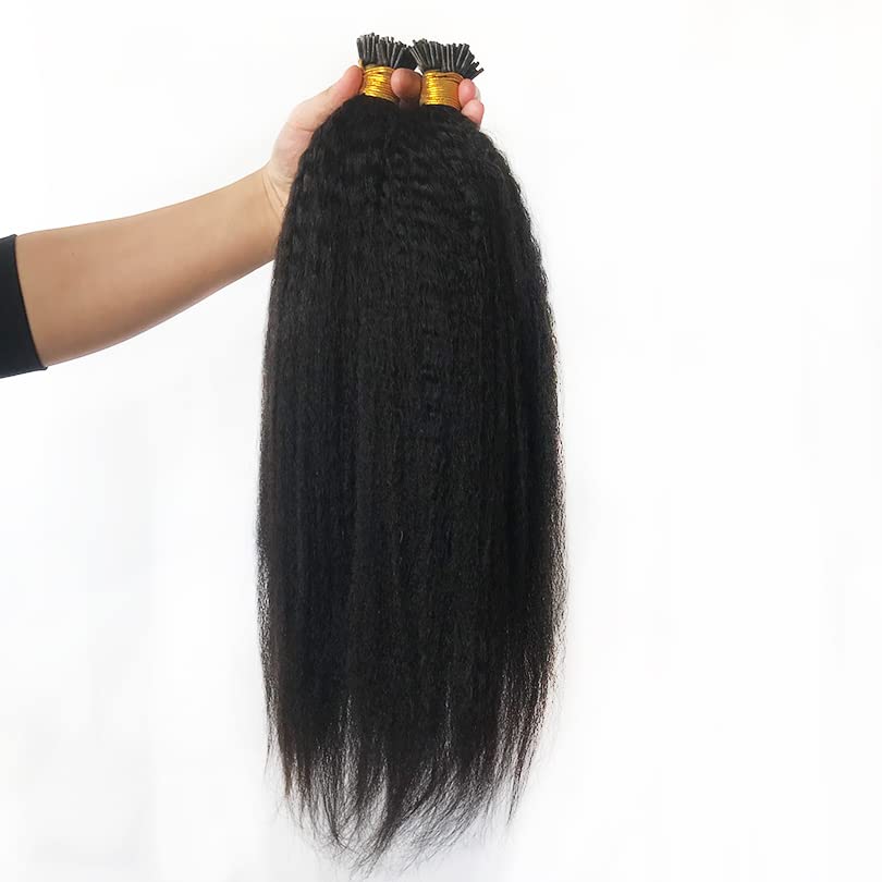 Brazilian Kinky Straight I Tip Hair Extension Pure Colored Human Hair Pre Bonded Hair Extensions 1g/s 100Strand I Tip Microlink Hair For Women (24inch, Natural color)