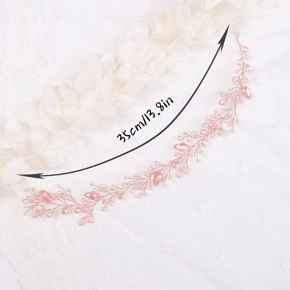 Teyglen Pink Rhinestones Crystal Hair Vine Headband, Handmade Bridal Hair Accessories for Women Girls (1 Count, Pink)