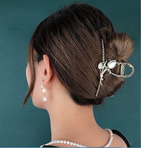 Rhinestone Hair Clips Pearl Leaf Shape Metal Hair Catch Barrette Jaw Clamp for Thin Thick Curly Hair Crystal Non-Slip Hair Claws Strong Hold Hair Accessories for Women, Bride, Bridesmaid