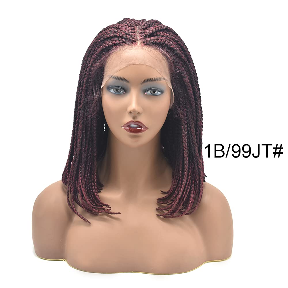 3”X3.8" Realistic Hand Tied Lace Front Box Braids Glueless Wig for Women Premium Quality Synthetic Lightweight Twist BOB Braided Wigs with Baby Hair Blonde Color (#1B/99JT Black Mix Wine Red)