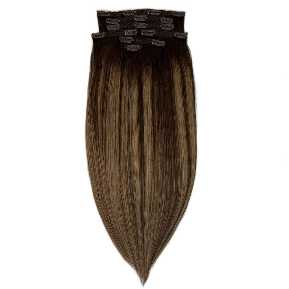 Brown Clip in Medium Length Real Human Hair Extensions 16 Inch Balayage Brown Hair Extensions Easy to Use with Clips 120g
