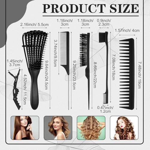 Boao 10 Pcs Hair Styling Kit - Detangler, Wide Tooth Comb, Teasing Brush, Rat Tail Comb, Edge Brush, Alligator Clips for Curly, Wet Hair - Gift for Women & Girls (Pink)