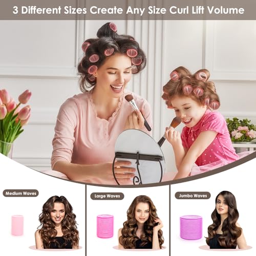 WALLFID Hair Roller Set 37 Pcs, Includes 18 Velcro Curling Irons, 2 Volumizing Clips, 12 Clips, 1 Rat Tail Comb, 1 Spray Bottle & 3 Rubber Bands, for Medium to Long Short Hair, No Heat