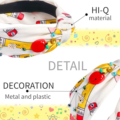 Teacher Headbands for Women Rhinestone Knotted Headband with Pencil Apple Charms Sparkle Pearl Crystal Hairband Top Knot Hair Accessories for Back To School Outfits Teacher Appreciation Gifts 1PCS