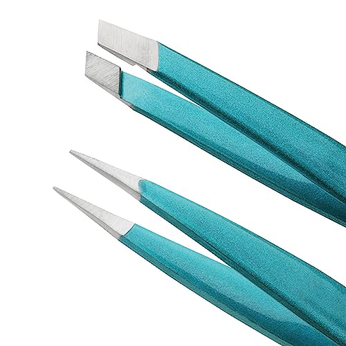 Tweezerman Majestic Turquoise Micro Mini Slant & Point Tweezer Set - Eyebrow Tweezers for Women and Men