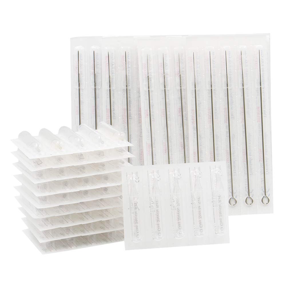 Tattoo Needles and Tips Set - Autdor 50pcs Disposable Mixed Tattoo Needles + 50pcs Assorted Sterilized Disposable Tattoo Tips, 5pcs of each 3rl 5rl 7rl 9rl 3rs 5rs 7rs 9rs 5m1 7m1 3RT 5RT 7RT 9RT 3DT