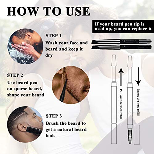 Beard Pencil Filler for Men - Water Resistance, Sweat Proof, Long Lasting & Natural Finish barber Pencil, Mustache Repair Shape, Two Pencil Replacement Tip(BLACK)