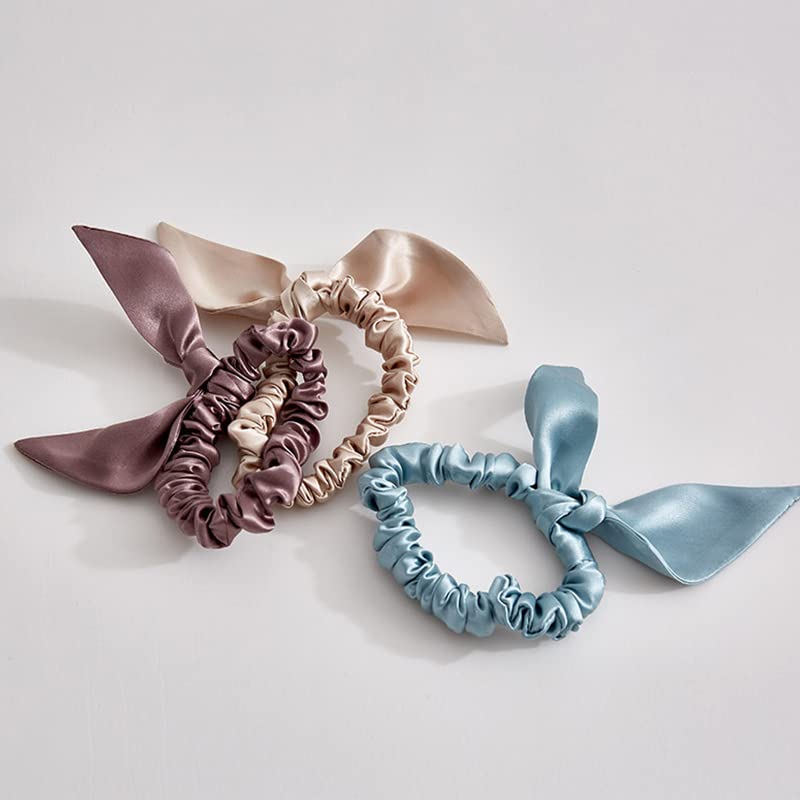 THXSILK Hair Silk Scrunchies with Bow for Women Pure Mulberry Silk Hair Cute Ring Ties Scrunchies for Girls Women's Thick Hair, Black, 2.8"