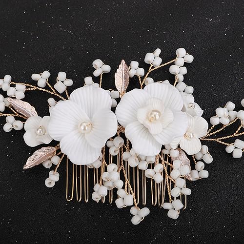 Teyglen Flower Bride Wedding Hair Comb Bridal Leaf Pearl Beads Hair Piece Bridal Gold Silver Flower Headpiece Floral Hair Accessories for Women Flower Girls (Gold)