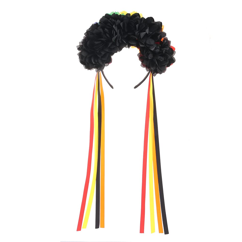 Bubbmi Mexican Flower Crown Headband with Ribbon, Day of the Dead Headwear, Dia De Los Muertos Headpiece, Halloween Easter Flower Headband(Mexican C)