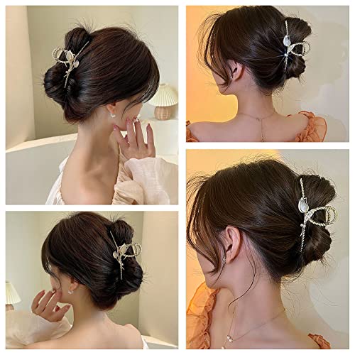 Rhinestone Hair Clips Pearl Leaf Shape Metal Hair Catch Barrette Jaw Clamp for Thin Thick Curly Hair Crystal Non-Slip Hair Claws Strong Hold Hair Accessories for Women, Bride, Bridesmaid