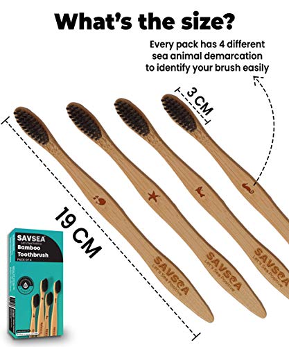 SAVSEA Charcoal Bamboo Toothbrush for Adults with Soft Medium Bristles (4Toothbrushes)