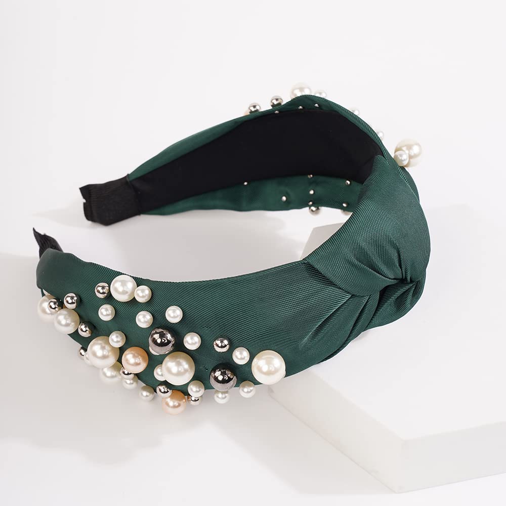 Wiwpar Pearl Knotted Headbands for Women Fashion Wide Pearl Bead Headband Head Bands Boho Hair Accessories (Green)