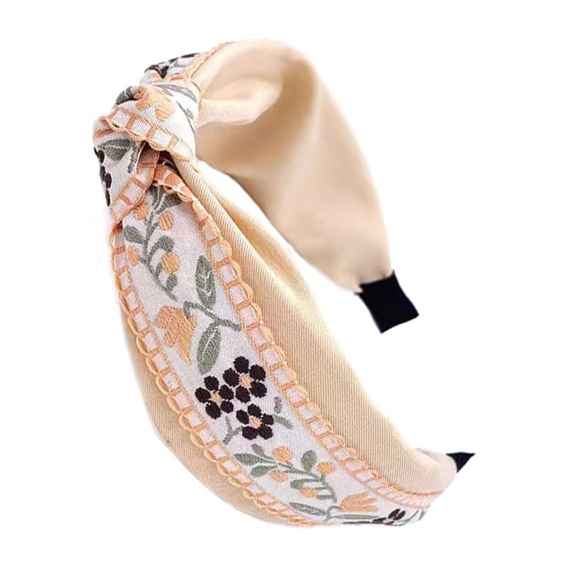 OUTVIE Boho Knotted Apricot Headband with Handmade Lace Embroidery Floral Metal Headband for Girls Womens