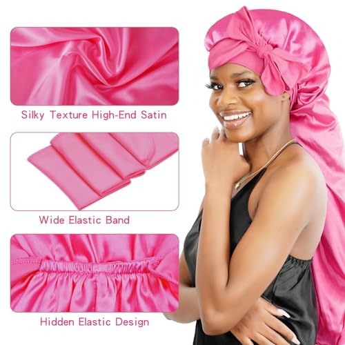 BONNET QUEEN Braid Bonnet Silk Bonnet Foldable Extra Long Bonnet for Braids Satin Bonnet for Sleeping Hair Bonnet with Tie Band Long Sleep Cap Hot Pink