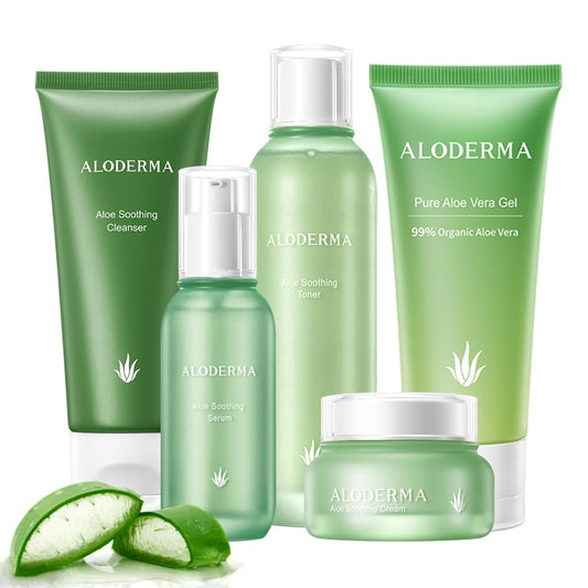 Aloderma Signature Aloe Soothing & Repairing Set - 5 Pieces - Gel, Cleanser, Toner, Serum, Cream